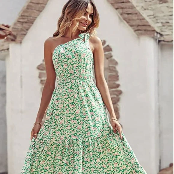 Pretty Garden Dresses | Women's Summer Floral Dress One Shoulder Sleeveless Knot Ruffled Hem Flowy Bohem | Color: Green | Size: L | Jzakskorn's Closet Pretty Garden Dresses | Women's Summer Floral Dress One Shoulder Sleeveless Knot Ruffled Hem Flowy Bohem | Color: Green | Size: L | Jzakskorn's Closet